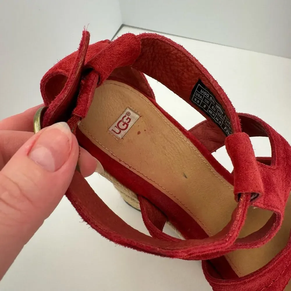 Ugg‎ Red Lauri Suede Leather Espadrille Platform Wedge Sandals Sz 9.5
